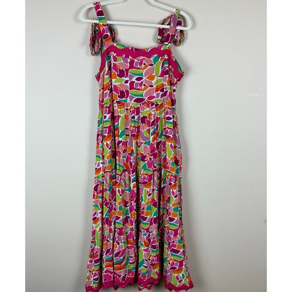 Womens Colorful Maxi Dress Size L Tie Strap Ric Rac Trim Boho Resort Cottagecore